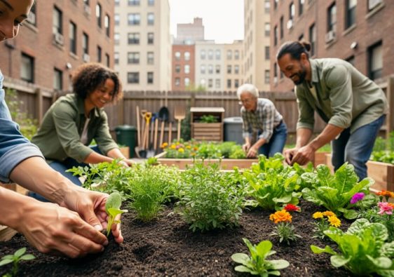 Neighbors planting and tending raised beds in an urban community garden with leafy greens, herbs, and flowers under soft daylight.