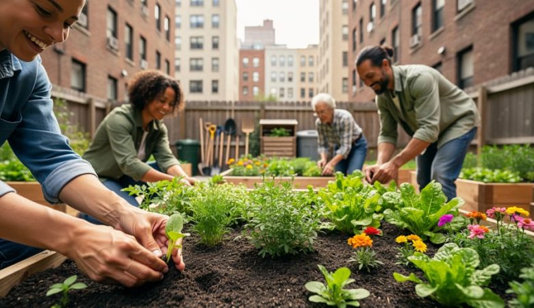 Neighbors planting and tending raised beds in an urban community garden with leafy greens, herbs, and flowers under soft daylight.