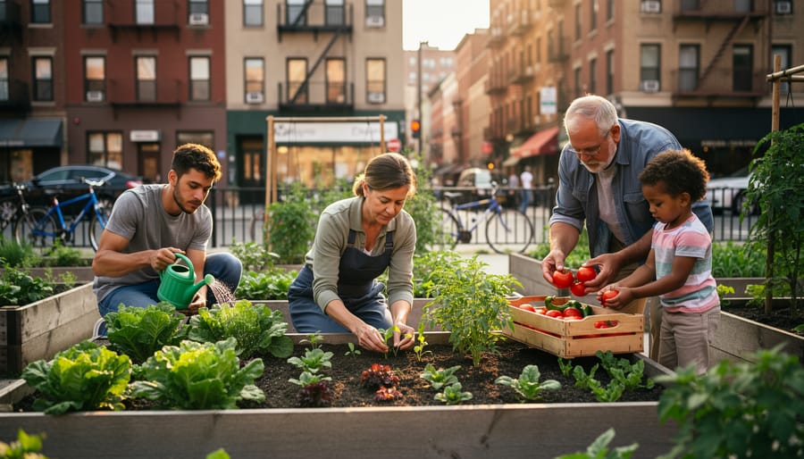 Neighbors watering vegetable plants in an urban community garden with raised beds and a fence in the background
