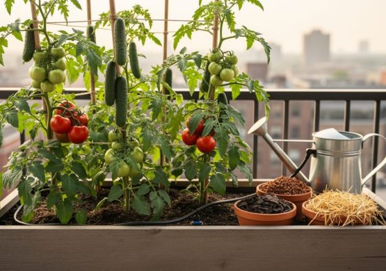 Urban raised garden bed with thriving tomato and cucumber plants, trellises, and nearby test pots of mulch materials in soft daylight.