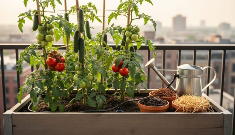 Urban raised garden bed with thriving tomato and cucumber plants, trellises, and nearby test pots of mulch materials in soft daylight.