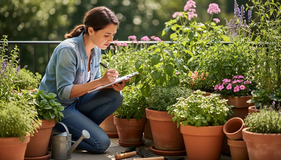 Urban gardener crouched beside container plants, writing in a notebook while checking moisture.