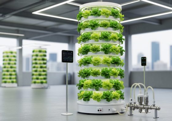 Hydroponic tower growing leafy greens in an urban warehouse with automated irrigation equipment and smart sensors nearby.