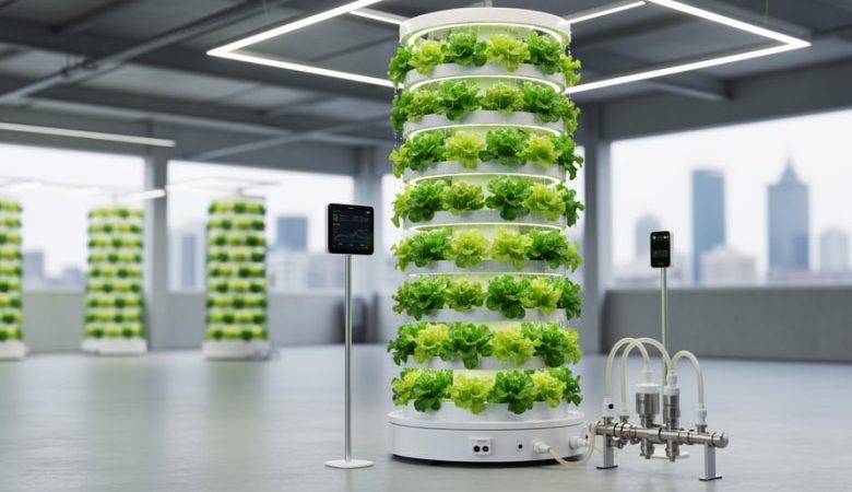 Hydroponic tower growing leafy greens in an urban warehouse with automated irrigation equipment and smart sensors nearby.