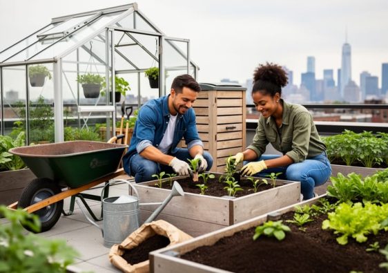 Two people collaborating in a rooftop garden with shared tools and raised planting beds, illustrating urban community partnerships.