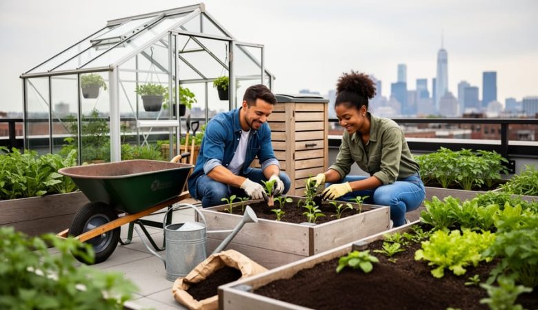 Two people collaborating in a rooftop garden with shared tools and raised planting beds, illustrating urban community partnerships.
