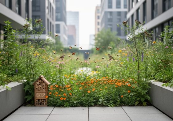 Urban garden with native plants and wildflowers supporting birds and pollinators, set against a softly blurred city background.