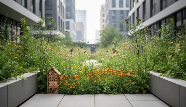 Urban garden with native plants and wildflowers supporting birds and pollinators, set against a softly blurred city background.