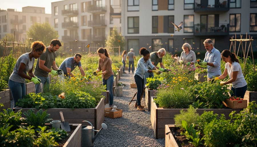 People tending a diverse community garden with flowering plants and a bird-filled, greenery-rich background during golden hour.