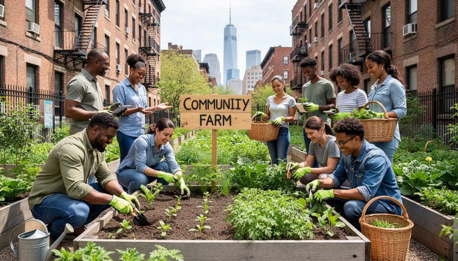 Community members learning together around raised garden beds in a city urban farm