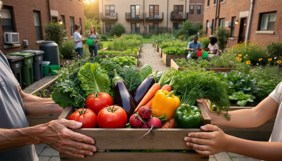 A gardener’s hands holding freshly harvested leafy greens above a wooden crate in an urban garden