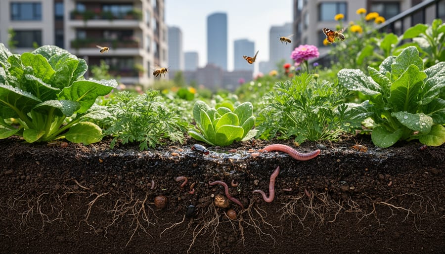 Gardener’s hands holding dark, healthy soil with visible earthworms and organic matter, with a garden bed blurred in the background.