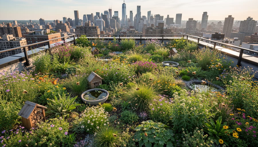 A rooftop garden with layered native plants and a pollinator habitat in the foreground, with a blurred city skyline in the background.
