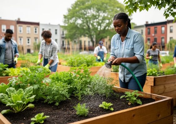 Diverse community members working in an urban garden with raised beds of leafy greens on a neighborhood street under soft daylight.