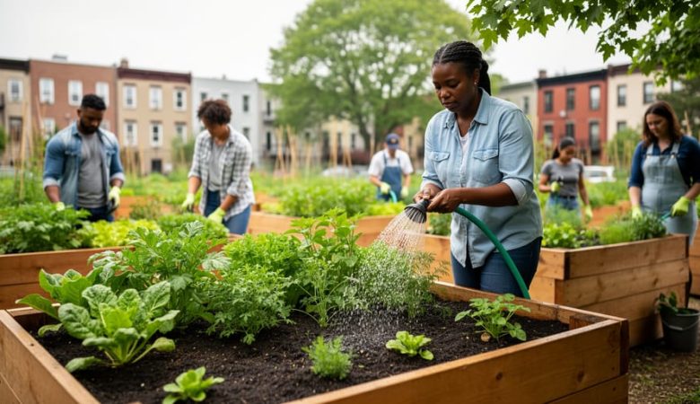 Diverse community members working in an urban garden with raised beds of leafy greens on a neighborhood street under soft daylight.
