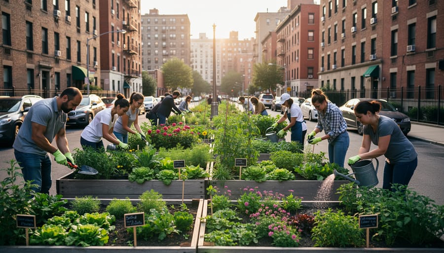 Residents watering plants in an urban community garden with raised beds visible near surrounding city buildings