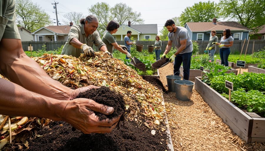 Volunteers installing composting bins and mulching in an urban garden