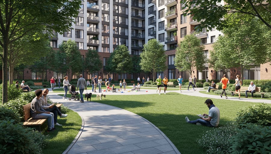 People walking and sitting in a small urban green park with trees and native plants