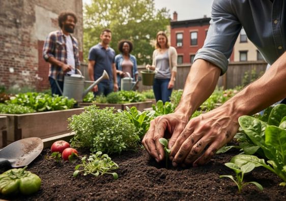 Residents of different ages and backgrounds tending raised garden beds in an urban community garden, showing fresh greenery and shared outdoor space.