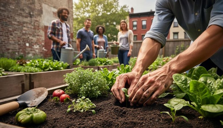 Residents of different ages and backgrounds tending raised garden beds in an urban community garden, showing fresh greenery and shared outdoor space.