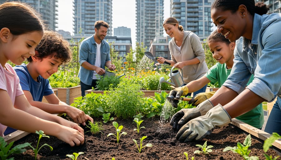 Diverse community members tending raised beds in an urban community garden